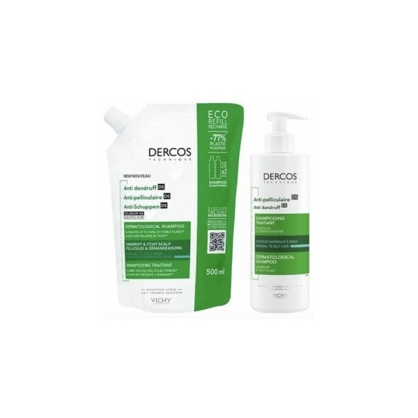 Vichy Dercos Champu Anticaspa Graso 2x390ml + Eco Refill 500ml